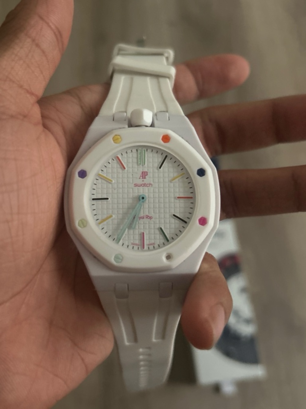 AP x Swatch White Silicone Watch with Multicolor fixable missing screw at bottom